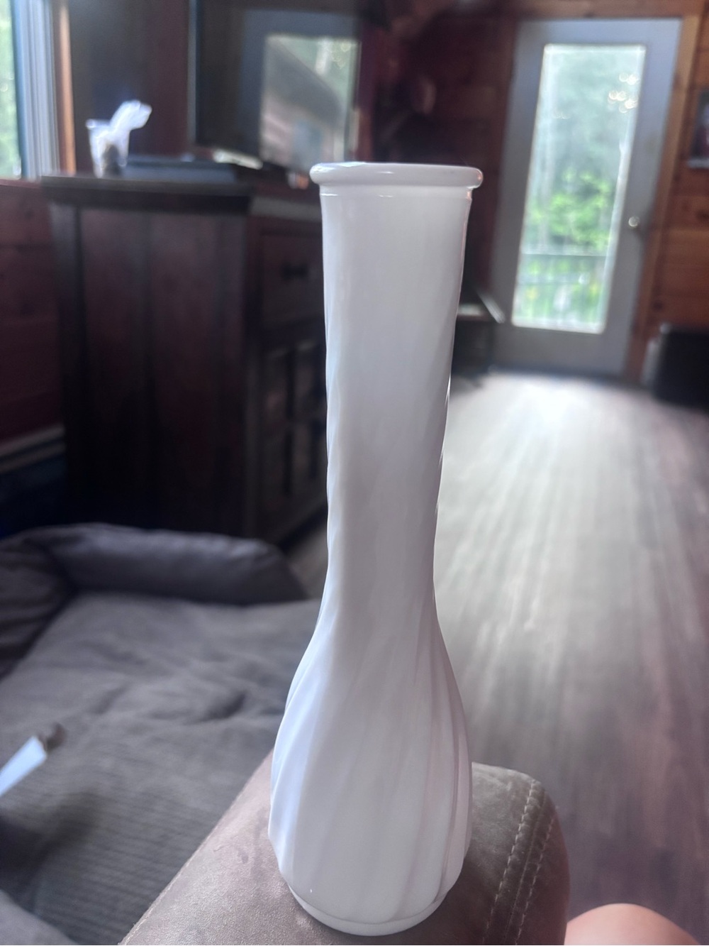 Vintage Hoosier Glass white milk glass swirl bud vase (model #4094),